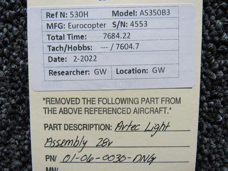 01-06-0030-DNG Eurocopter AS350B3 Avtec Light Assembly (Volts: 28) BAS Part Sales | Airplane Parts