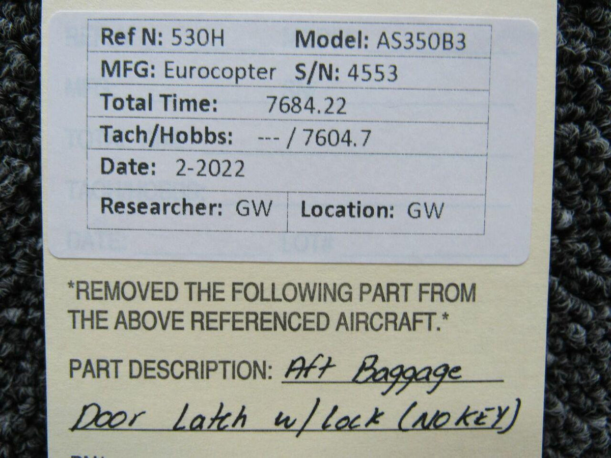 Eurocopter AS350B3 Aft Baggage Door Latch Assembly W/ Lock (NO KEY) BAS Part Sales | Airplane Parts