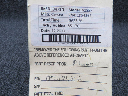 0711852-1 Cessna A185F Plate BAS Part Sales | Airplane Parts