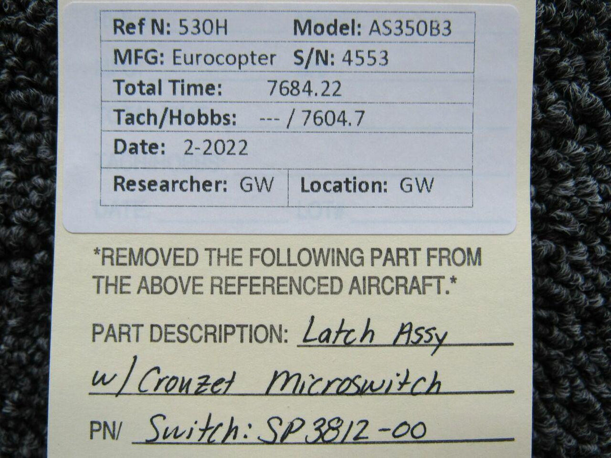 Eurocopter AS350B Latch Assembly W/ Crouzet Microswitch BAS Part Sales | Airplane Parts