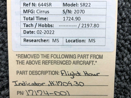 Flight 17174-001 Flight Hour Indicator Hours 1709.30, Volts 14-28
