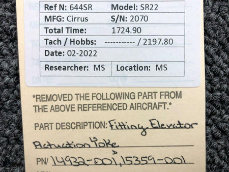 14932-001 / 15359-001 Cirrus SR22 Fitting Elevator Actuation Yoke BAS Part Sales | Airplane Parts