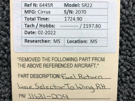 Cirrus 11631-004 Cirrus SR22 Fuel Return Line Selector To Wing RH