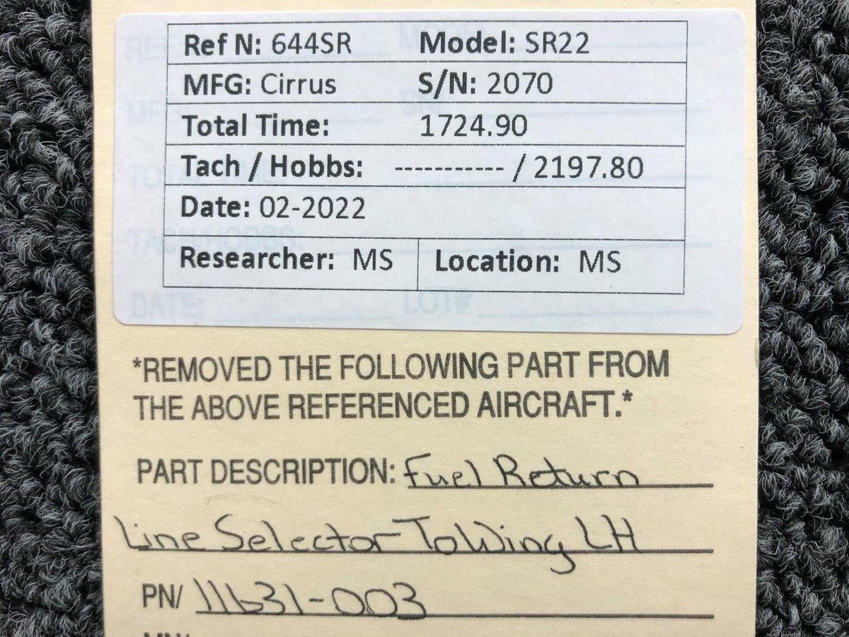Cirrus 11631-003 Cirrus SR22 Fuel Return Line Selector To Wing LH