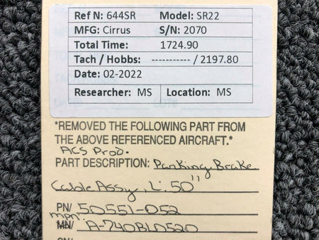 50551-052 (MPN: A-740BL0520) ACS Products Parking Brake Cable Assy (L: 50") BAS Part Sales | Airplane Parts