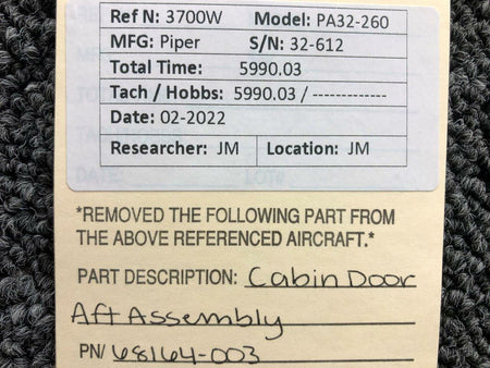 Piper 68164-003 Piper PA32-260 Cabin Door Aft Assembly