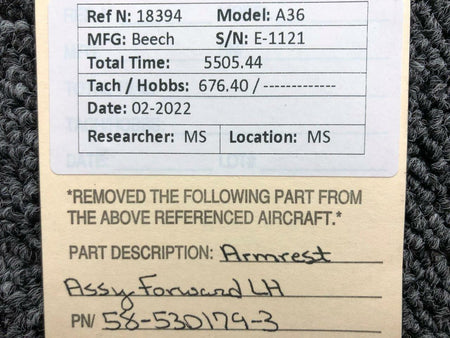 Beechcraft 58-530179-3 Beechcraft A36 Armrest Assembly Forward LH