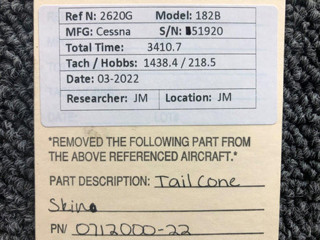0712000-22 Cessna 182B Tailcone Skin BAS Part Sales | Airplane Parts