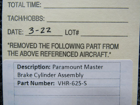 VHR-625-S  Paramount Master Brake Cylinder Assembly BAS Part Sales | Airplane Parts
