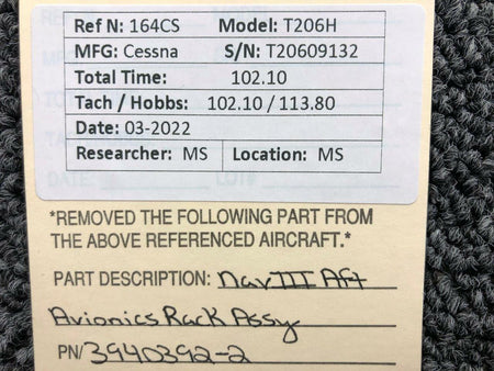 Cessna Aircraft Parts 3940392-2 Cessna T206H Nav III Aft Avionics Rack Assembly