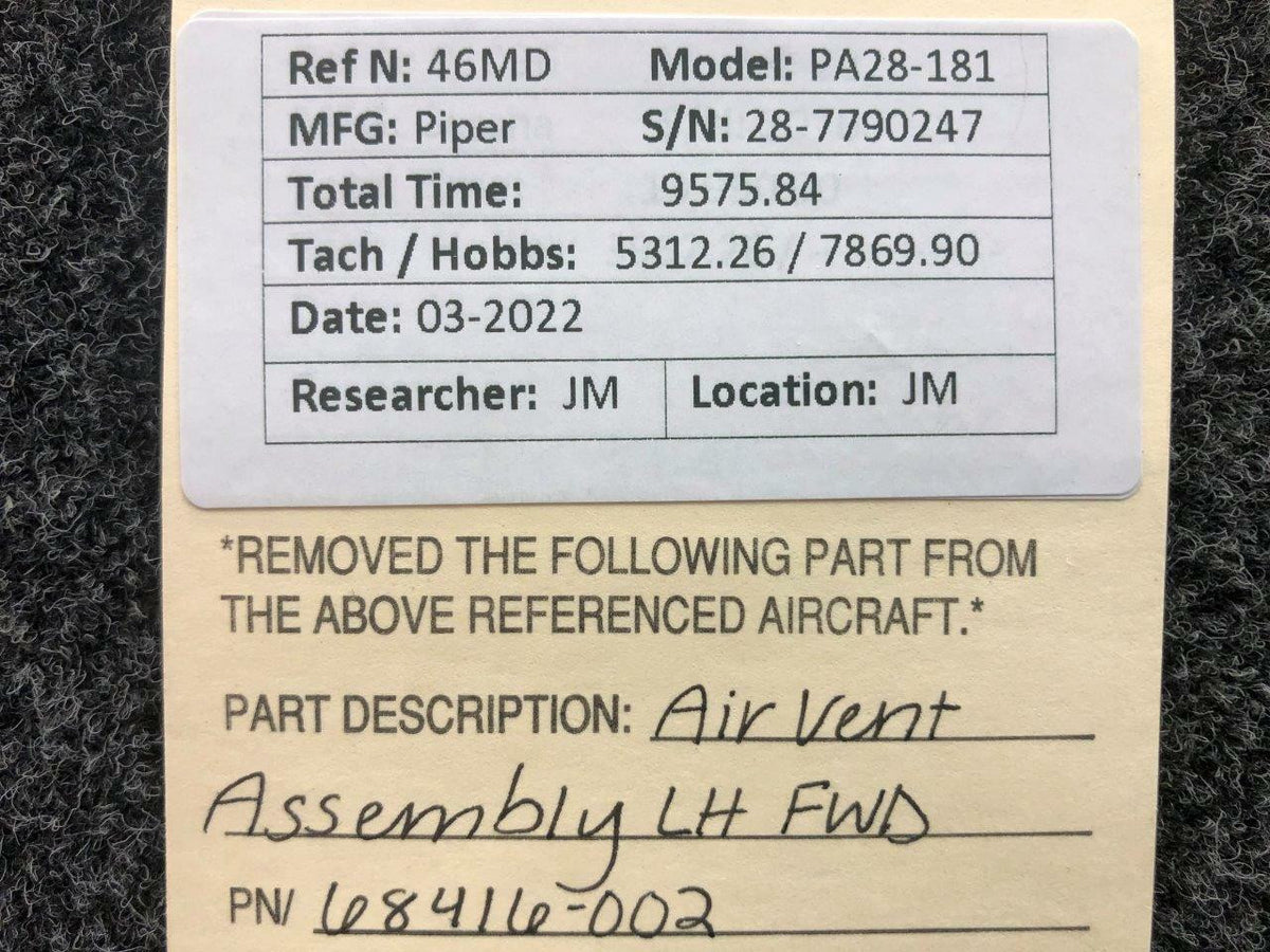 68416-002 Piper PA28-181 Air Vent Forward Assembly LH BAS Part Sales | Airplane Parts