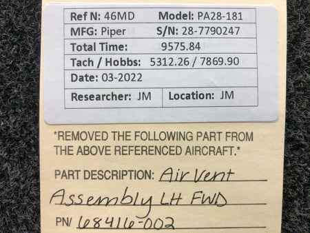 68416-002 Piper PA28-181 Air Vent Forward Assembly LH BAS Part Sales | Airplane Parts