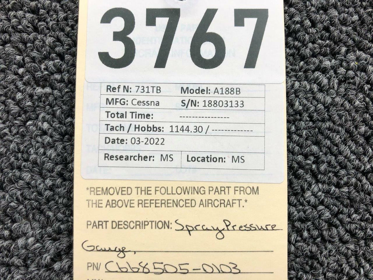 Cessna Aircraft Parts C668505-0103 Cessna A188B Spray Pressure Gauge