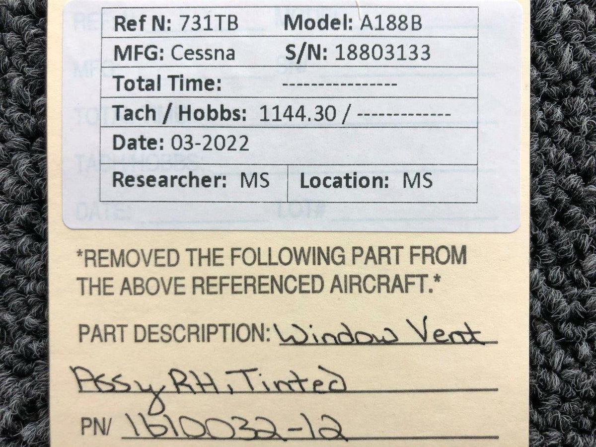 Cessna Aircraft Parts 1610032-12 Cessna A188B Window Vent Assembly RH Tinted