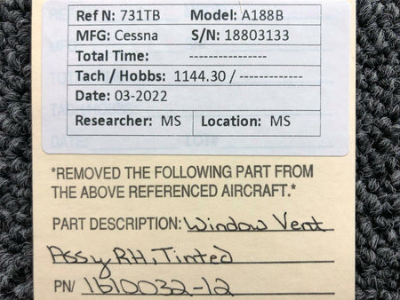 Cessna Aircraft Parts 1610032-12 Cessna A188B Window Vent Assembly RH Tinted