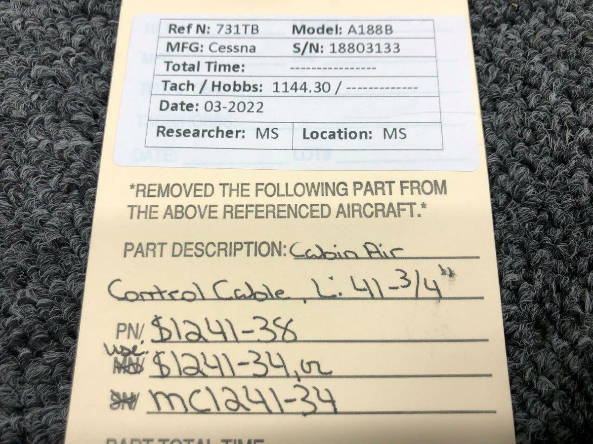Cessna Aircraft Parts S1241-38 USE MC1241-34 Cessna Cabin Air Control Cable Length 41-3/4