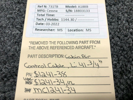 Cessna Aircraft Parts S1241-38 USE MC1241-34 Cessna Cabin Air Control Cable Length 41-3/4