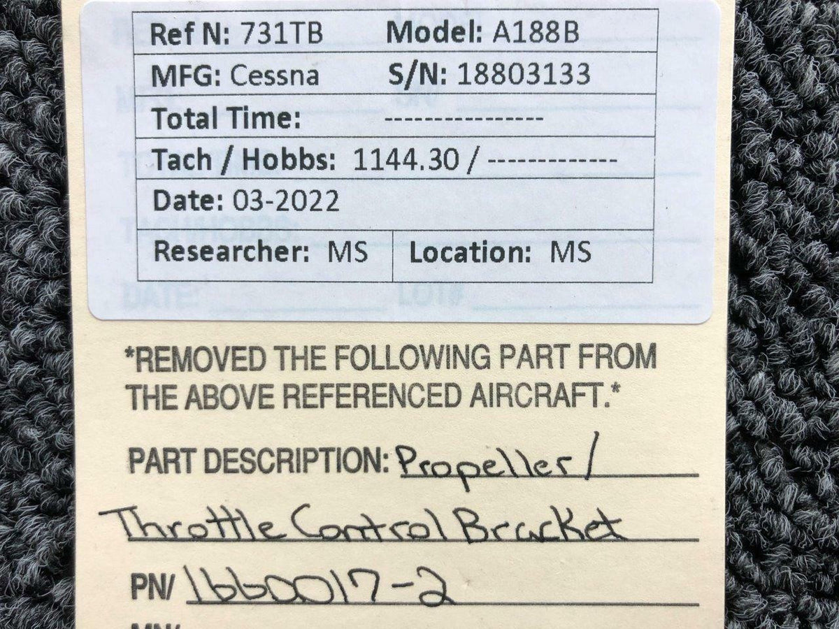 Cessna Aircraft Parts 1660017-2 Cessna A188B Propeller / Throttle Control Bracket