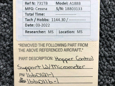 Cessna Aircraft Parts 1660121-1 / 1660116-1 Cessna A188B Hopper Control Support W/ Micrometer