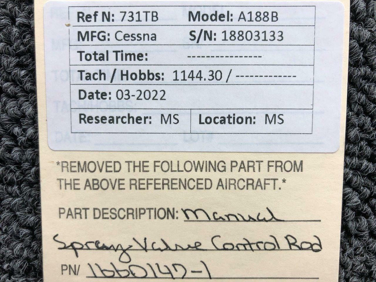Cessna Aircraft Parts 1660147-1 Cessna A188B Manual Spray Valve Control Rod