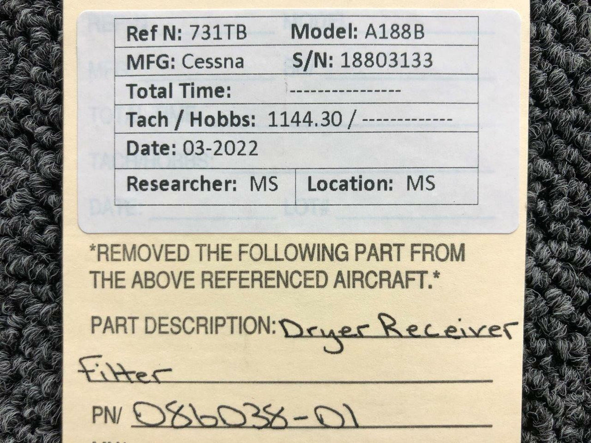 086038-01 Cessna A188B Dryer Receiver Filter BAS Part Sales | Airplane Parts