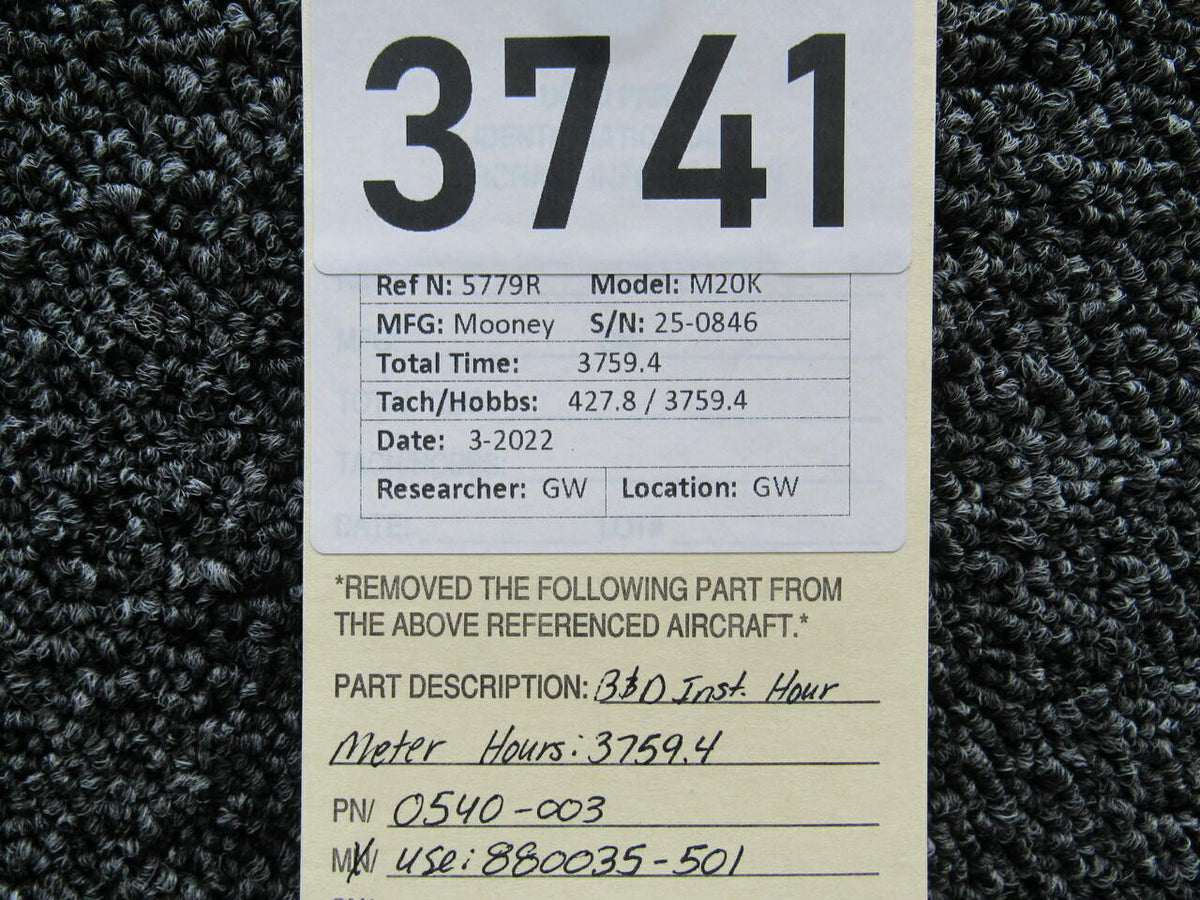 BandD Instruments 0540-003 USE 880035-501 BandD Instruments Hour Meter Hours 3759.4