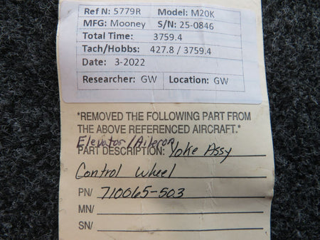 710065-503 Mooney M20K Elevator / Aileron Control Yoke Assembly Control Wheel BAS Part Sales | Airplane Parts