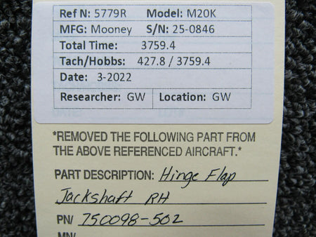 750098-502 Mooney M20K Hinge Flap Jackshaft RH BAS Part Sales | Airplane Parts