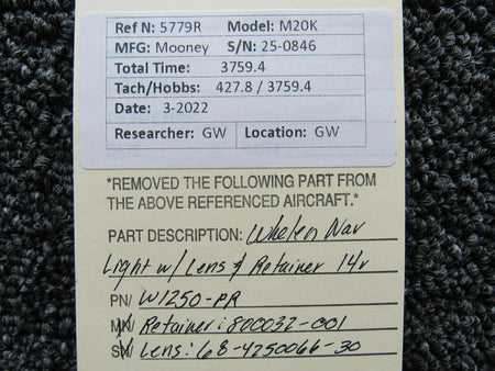 Whelen W1250-PR Mooney M20K Whelen Navigation Light Assembly W/ Retainer and Lens 14V