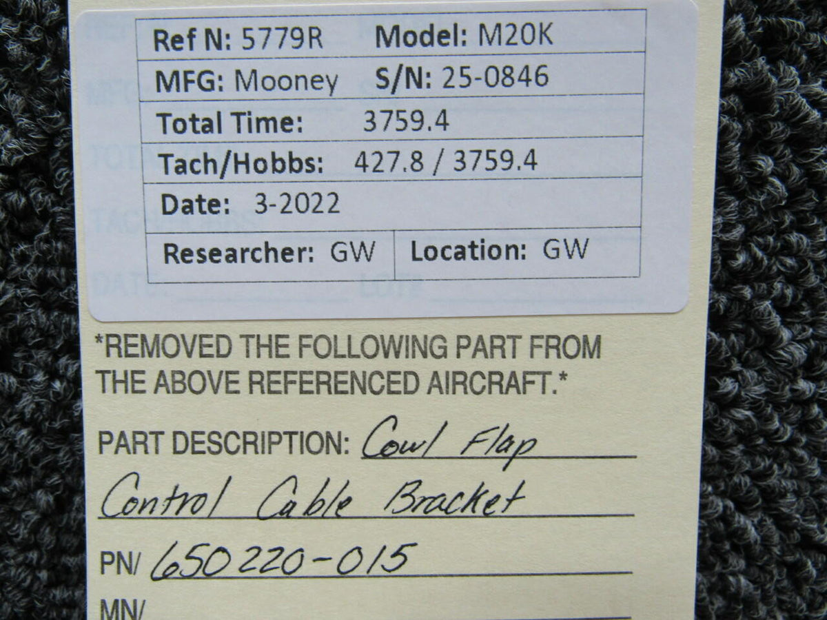 650220-015 Mooney M20K Cowl Flap Control Cable Bracket BAS Part Sales | Airplane Parts