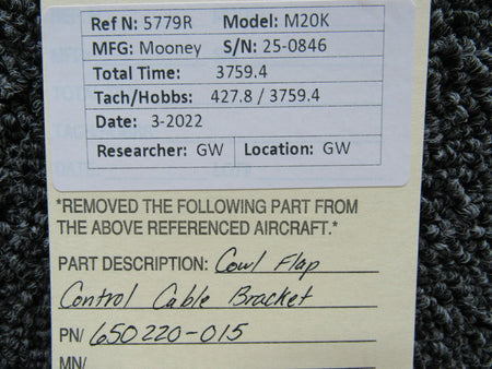 650220-015 Mooney M20K Cowl Flap Control Cable Bracket BAS Part Sales | Airplane Parts