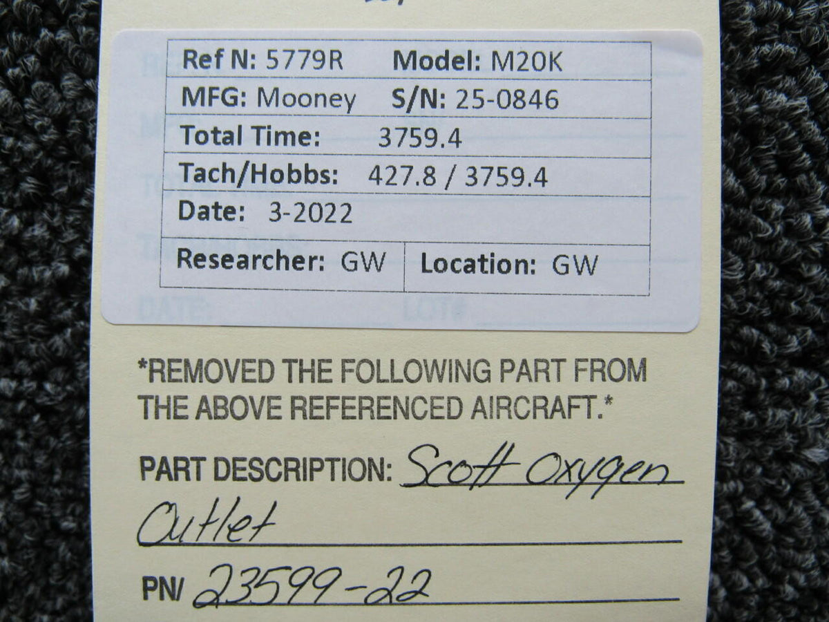 23599-22 Mooney M20K Scott Oxygen Outlet Assembly BAS Part Sales | Airplane Parts