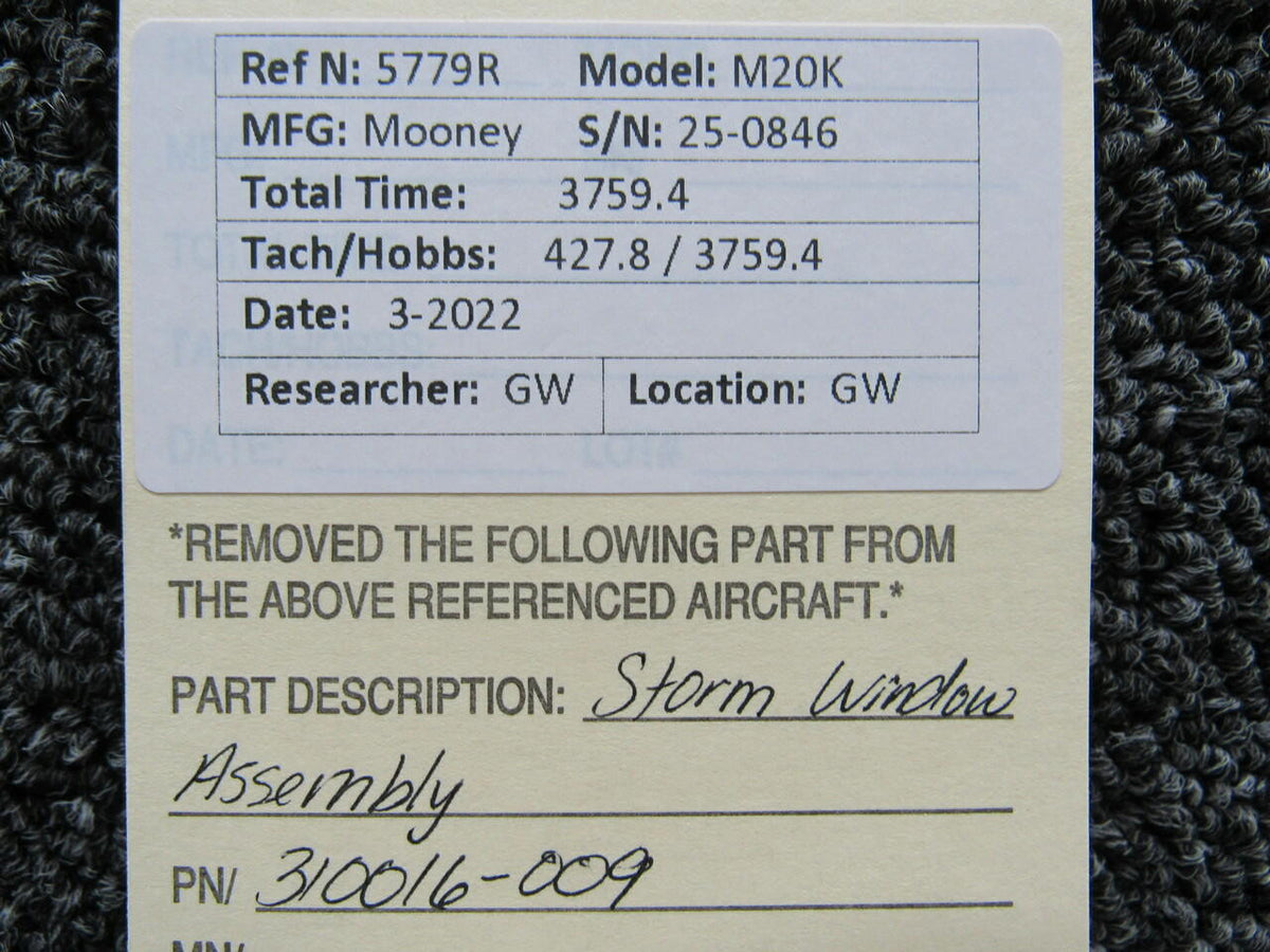 310016-009 Mooney M20K Storm Window Assembly BAS Part Sales | Airplane Parts