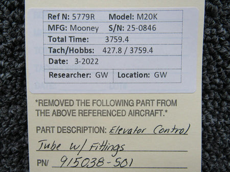 Mooney 915038-501 Mooney M20K Elevator Tube Control W/ Fittings