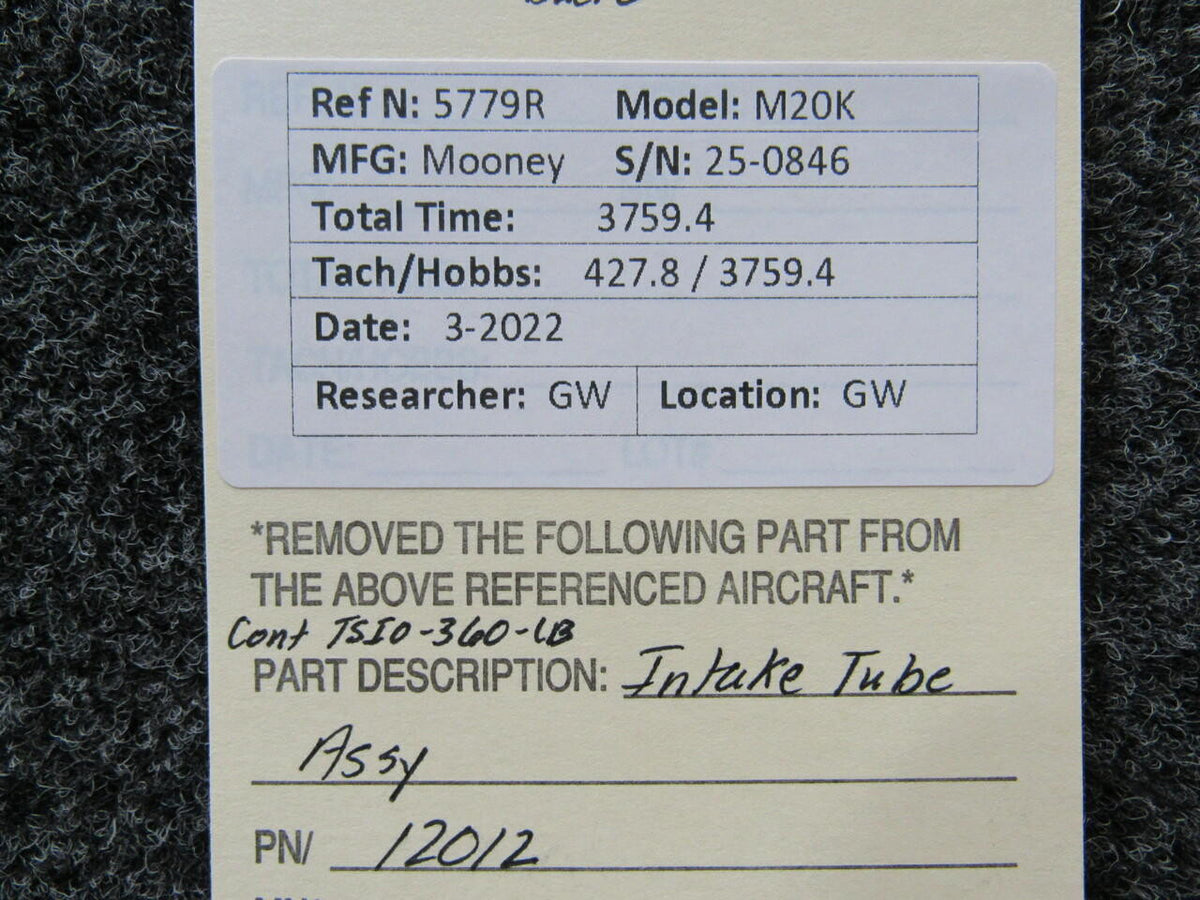 12012 Continental TSIO-360-LB Intake Tube Assembly BAS Part Sales | Airplane Parts