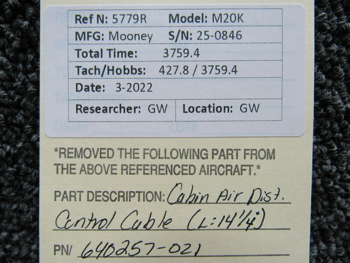 Mooney 640257-021 Mooney M20K Cabin Air Distribution Control Cable Length 14-1/4
