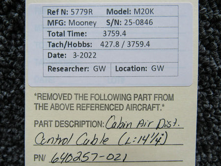 Mooney 640257-021 Mooney M20K Cabin Air Distribution Control Cable Length 14-1/4