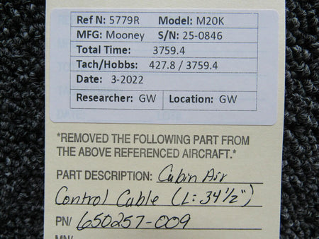 Mooney 650257-009 Mooney M20K Cabin Air Control Cable Length 34-1/2