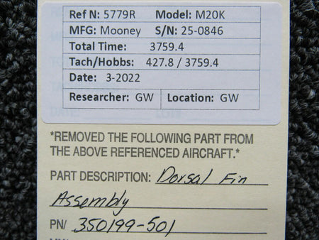 350199-501 Mooney M20K Dorsal Fin Assembly BAS Part Sales | Airplane Parts