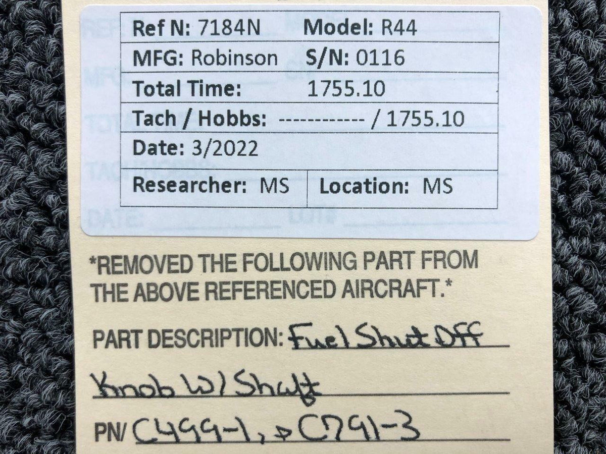 Robinson C499-1, C791-3 Robinson R44 Fuel Shut Off Knob w Shaft