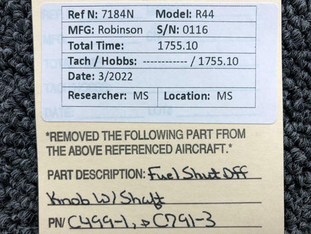 Robinson C499-1, C791-3 Robinson R44 Fuel Shut Off Knob w Shaft