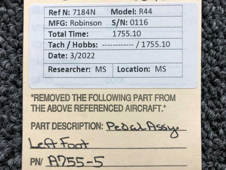Robinson A755-5 Robinson R44 Left Foot Pedal Assembly