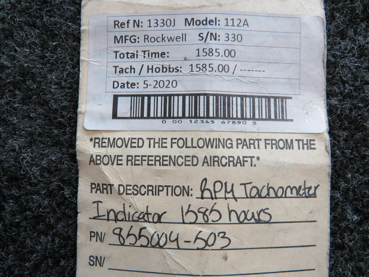 Rockwell 855004-503 Rockwell 112A RPM Tachometer Indicator Hours 1585