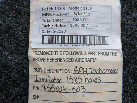 Rockwell 855004-503 Rockwell 112A RPM Tachometer Indicator Hours 1585