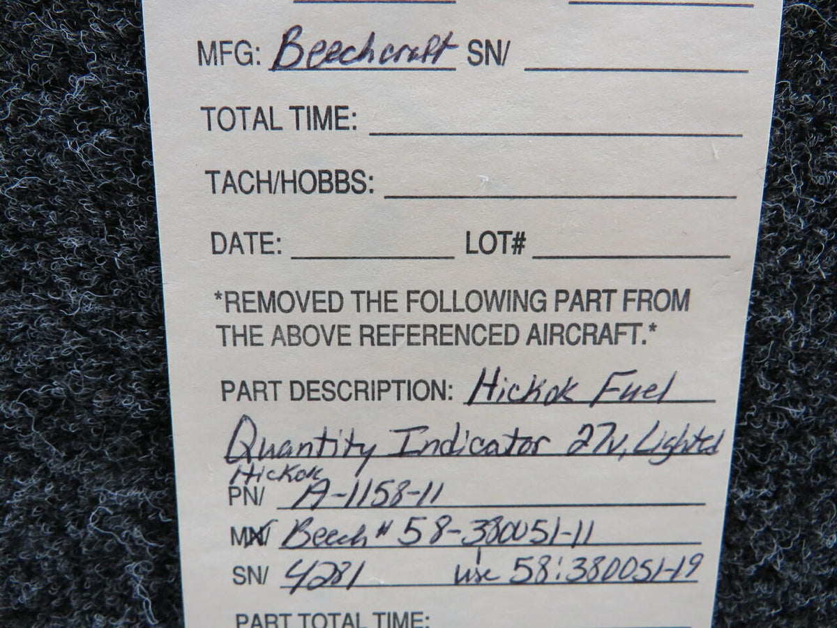 Hickok A-1158-11 Hickok / Beechcraft Fuel Quantity Indicator Lighted Volts 27