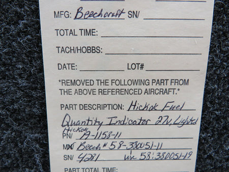 Hickok A-1158-11 Hickok / Beechcraft Fuel Quantity Indicator Lighted Volts 27