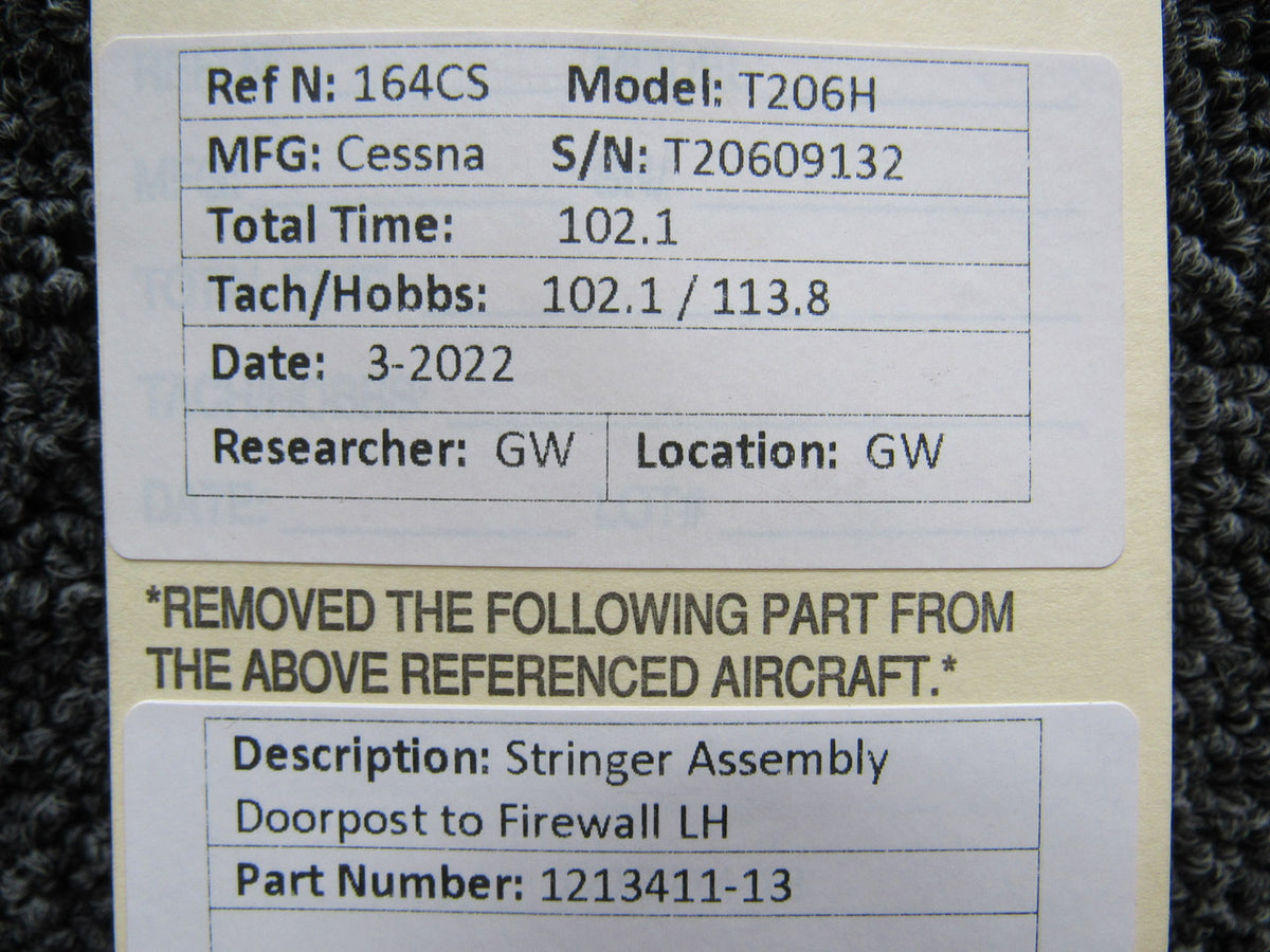 1213411-13 Cessna T206H Stringer Assembly Doorpost to Firewall LH BAS Part Sales | Airplane Parts