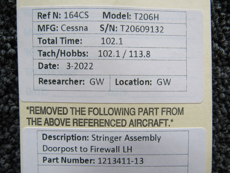 1213411-13 Cessna T206H Stringer Assembly Doorpost to Firewall LH BAS Part Sales | Airplane Parts