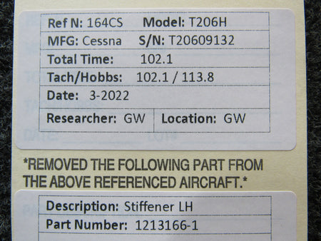 1213166-1 Cessna T206H Stiffener LH BAS Part Sales | Airplane Parts