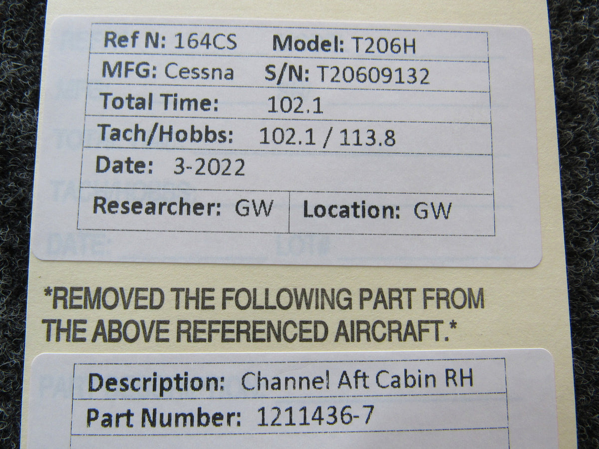 1211436-7 Cessna T206H Channel Aft Cabin RH BAS Part Sales | Airplane Parts